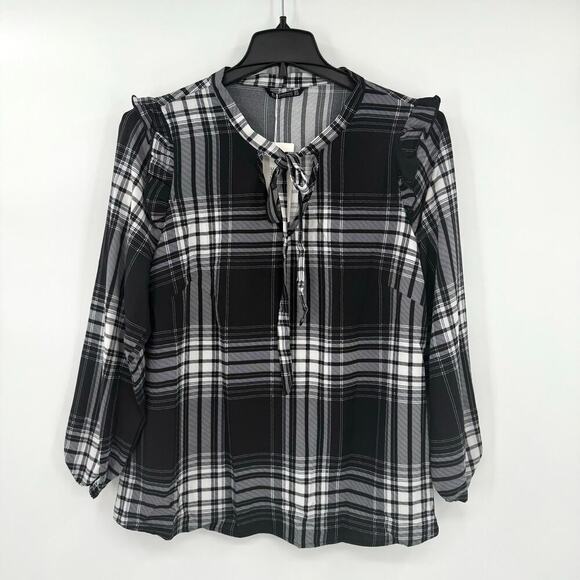 Bloomchic Plaid Tie Neck Lightweight Ruffle Sleeve Pullover Blouse Women Size 10 - Picture 1 of 9